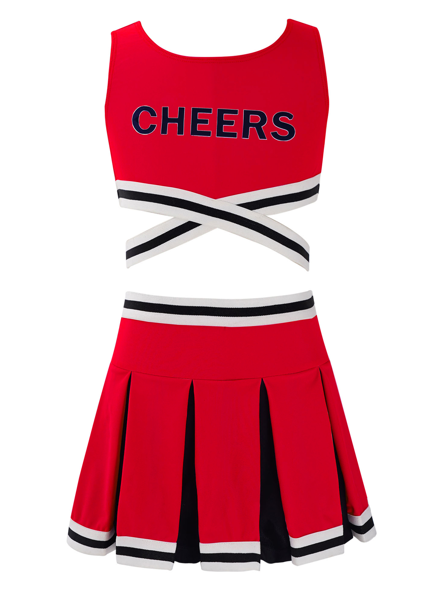 2Pcs Kids Girls Cheerleader Uniform Cheerleading Dance Outfit Sleeveless Cheers Print Crisscross Sash Vest and Pleated Skirt Set: Red / 6