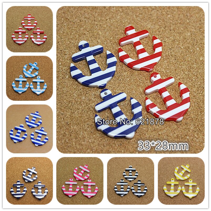 10 Stuks 33*28 Mm Streep Anker Nautical Sailor Resin Plaksteen Cabochon Voor Diy Sieraden/Craft Decoratie