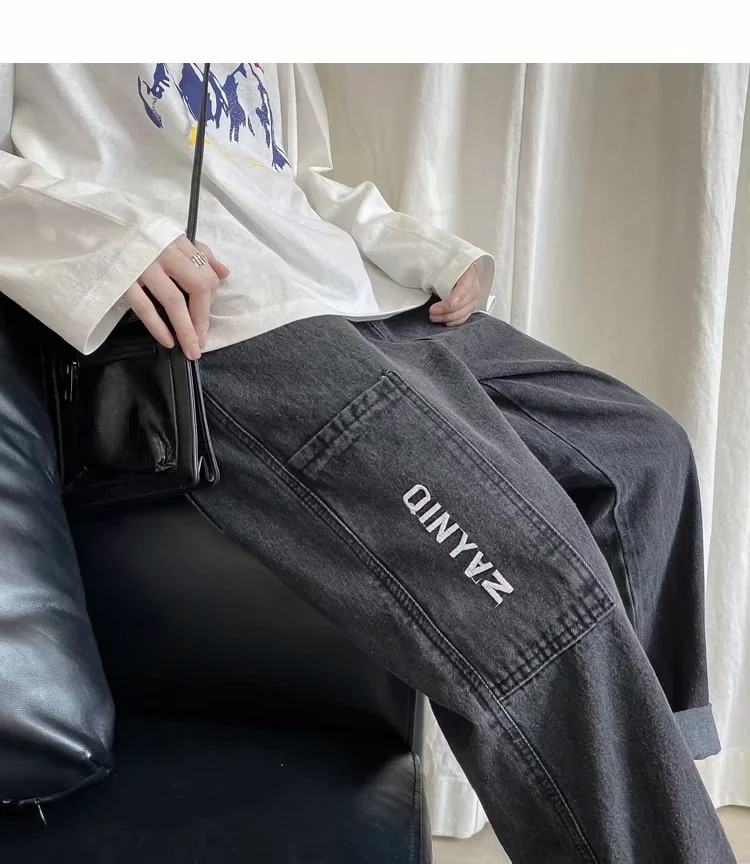 Homme jean pantalon jambe droite jeune élastique cordon ceinture jeune shalwar garçon décontracté pantalons large jambe baggy pantalon bleu