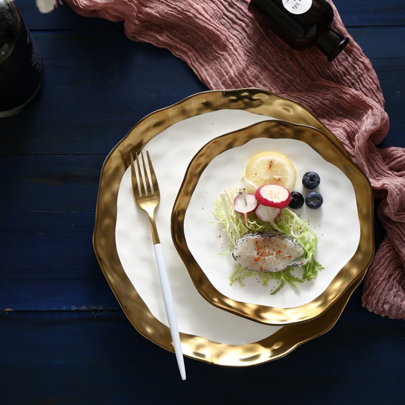 Ceramic Inlaid Golden Steak Plate Ripple Western Kitchen Utensils Tray Display Decoration Tableware Dishes