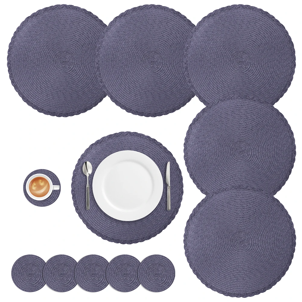 Set med 6 Runda Bordsunderlägg och Glasunderlägg Flätat Vävda Tvättbara Värmebeständiga Mats: Orange