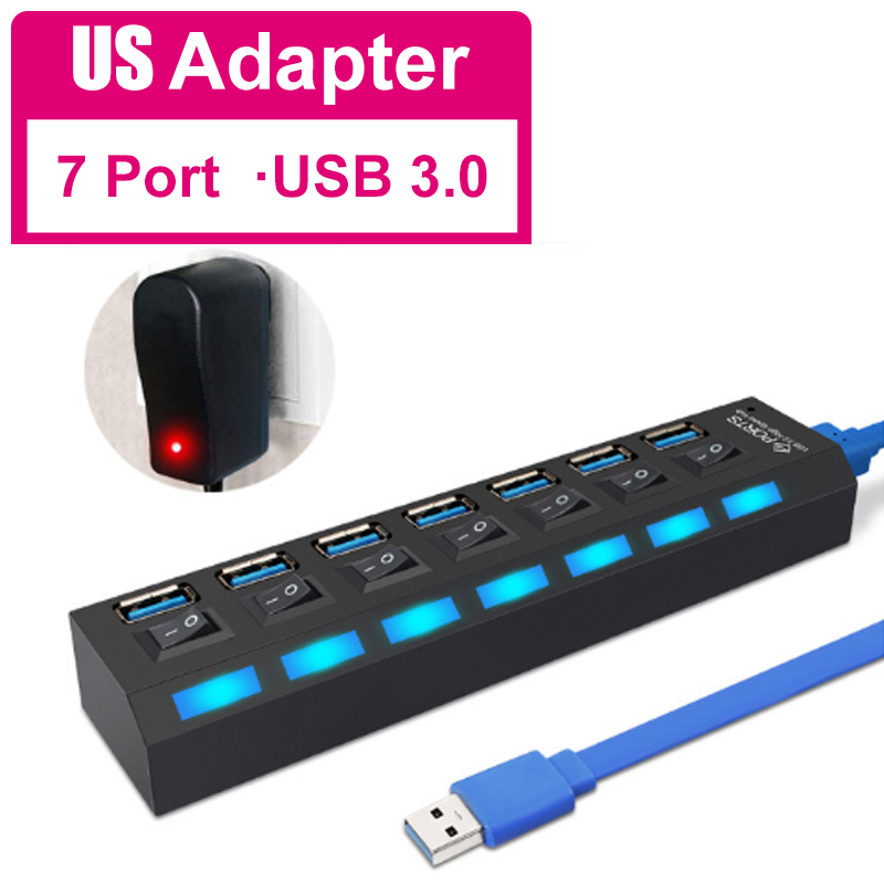 YTOM HUB USB 3,0 de 2,0 HUB Splitter USB Multi 4/7 expansor de Puerto múltiples USB 3 Hab uso adaptador de alimentación de USB3.0 con interruptor para PC: 7 port 3.0 with US
