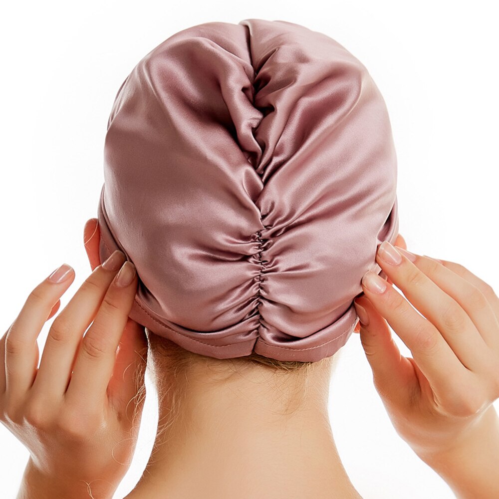 100% Mulberry Silk Sleeping Cap Night Silk Sleeping Bonnet Cover for Women with Elastic Ribbon for Hair Care Long Hair 19 Momme