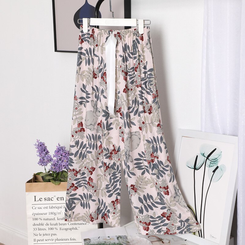 Pantalon en coton respirant pour femmes, imprimé Floral, jambes larges, cordon de serrage, vêtements de maison, Long, été: 14