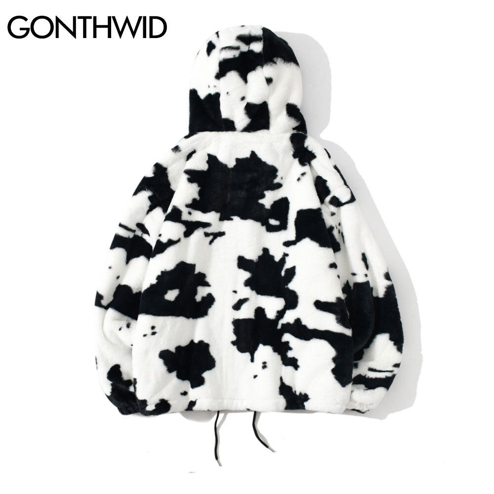 GONTHWID Fleece Hooded Jackets Streetwear Hip Hop Cow Spots Print Full Zip Jacket Coats Men Harajuku Casual Tops Outwear