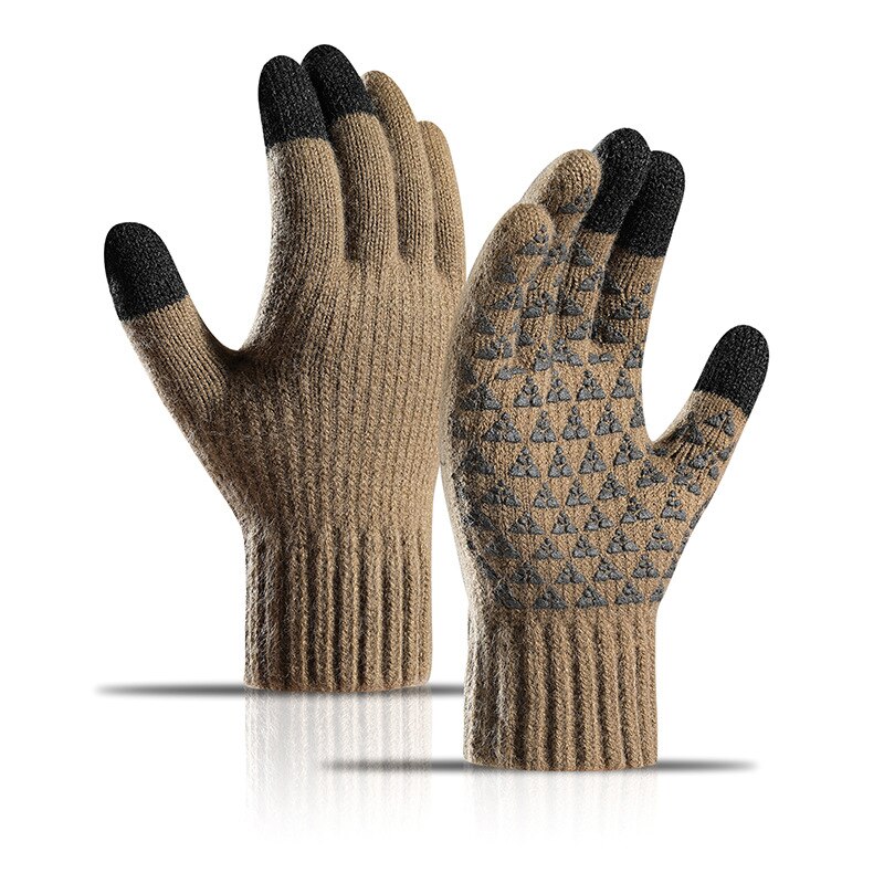 Guantes de punto para hombre, manoplas masculinas gruesas de lana, cálidas y sólidas, con pantalla táctil y dedos divididos, para deportes al aire libre, Otoño e Invierno: Khaki