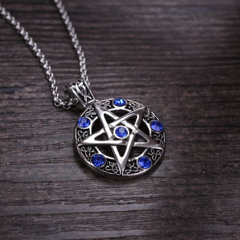 Pentagram Ronde Hollow Hanger Ketting Paar Mannen Vrouwen Ketting Blauwe Steen Ingelegd Viking Rune Accessoires Partij Sieraden