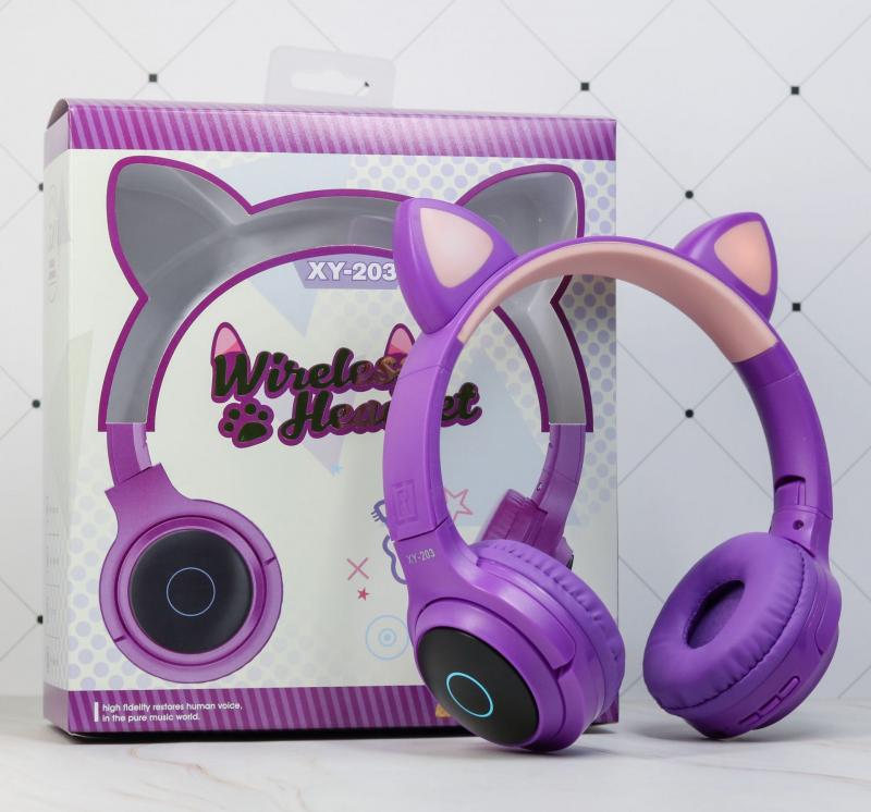 XY-203 Cat Ear Bluetooth 5.0 Headphones LED Light Noise Cancelling Girls Kids Cute Headset Radio Mic Wireless Headphones: purple