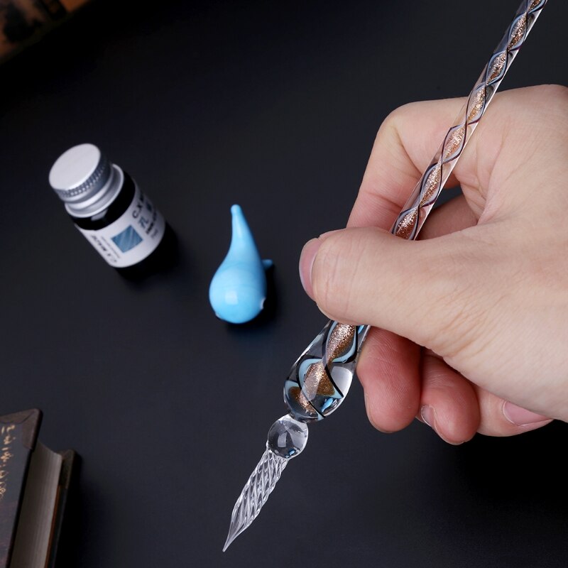Vintage Handmade Art Crystal Glass Dip Pen Sign Ink Pens 090F