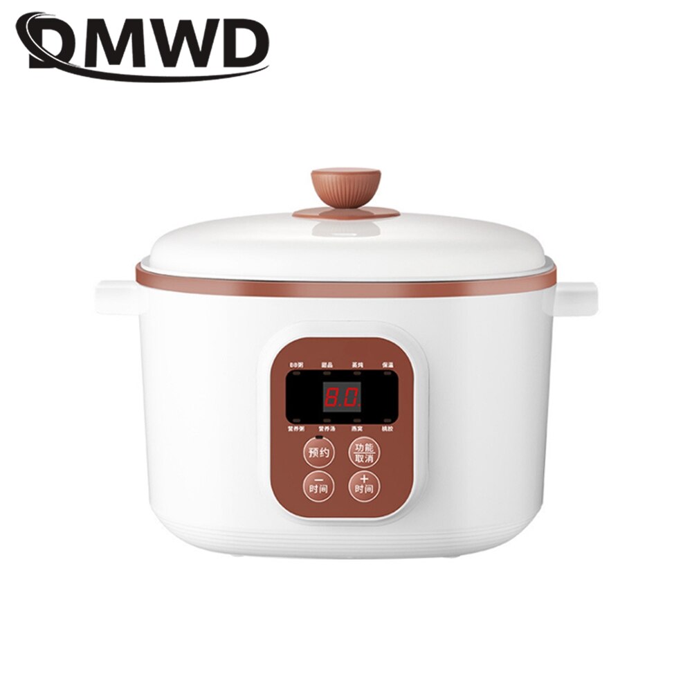 DMWD Household Electric Slow Cooker Stew Pot Food Steamer Pot Breakfast Maker Porridge Soup Cooking Machine 9.5h Appointment