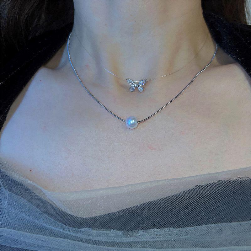 2023 Four Pearl Choker Necklaces Girl Summer Luxury Baroque Pearl Pendant Clavicle Chain For Women Jewelry: Imitation Rhodium Plated