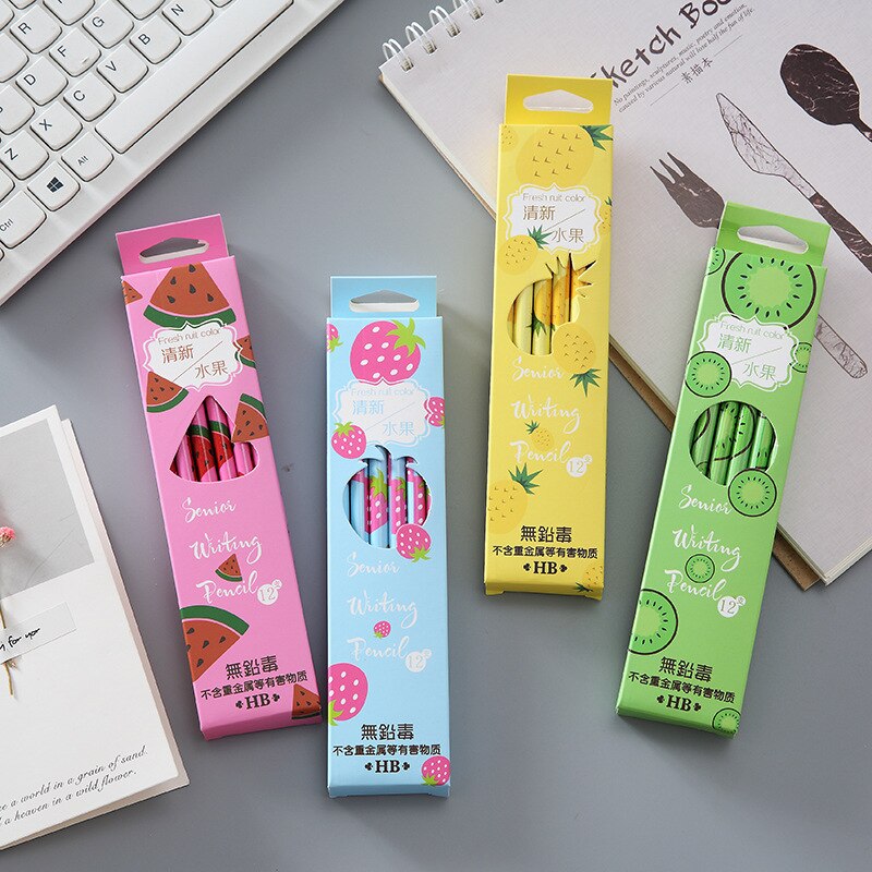 Lote de 12 lápices con goma de lana HB creativos para niños, dibujos animados, de frutas, Kawaii, papelería, suministros escolares