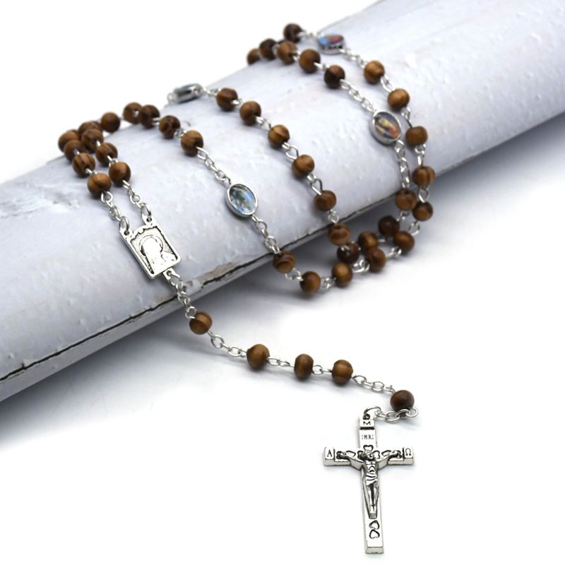 Handgjorda runt trä radbandspärlor kors religiös jesus halsband kristna män kvinnor yoga smycken berlocker