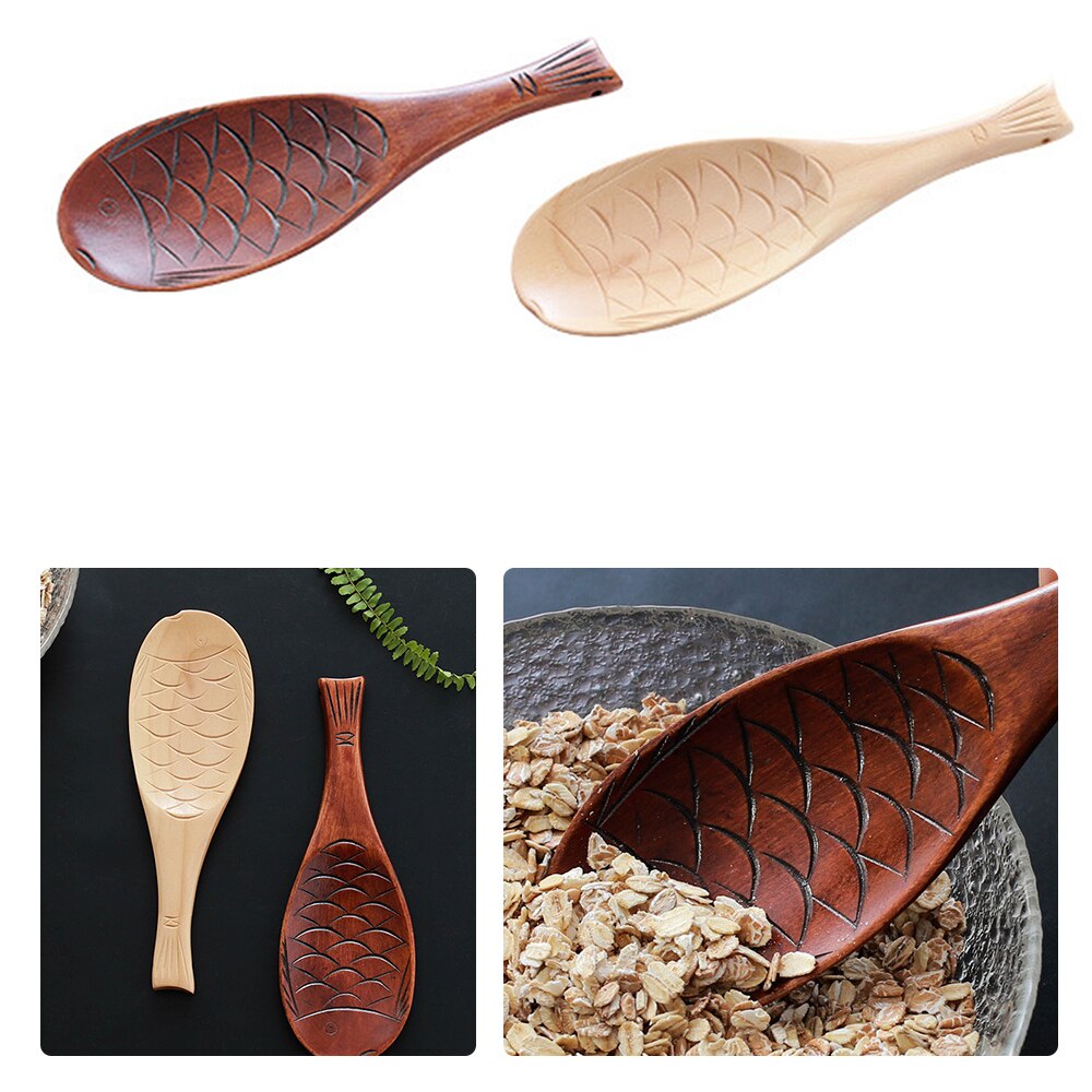 Pala de madera creativa forma de pescado cuchara de arroz utensilios de cocina para sopa de arroz antiadherente cuchara de cocina estilo japonés