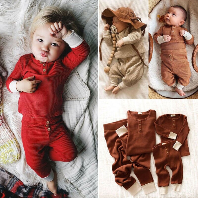 0-24M Newborn Clothes Outfits Toddler Baby Girl Boy Solid Color T-Shirt Tops Leggings Pants Knitted Baby Girls Boys Clothes Set