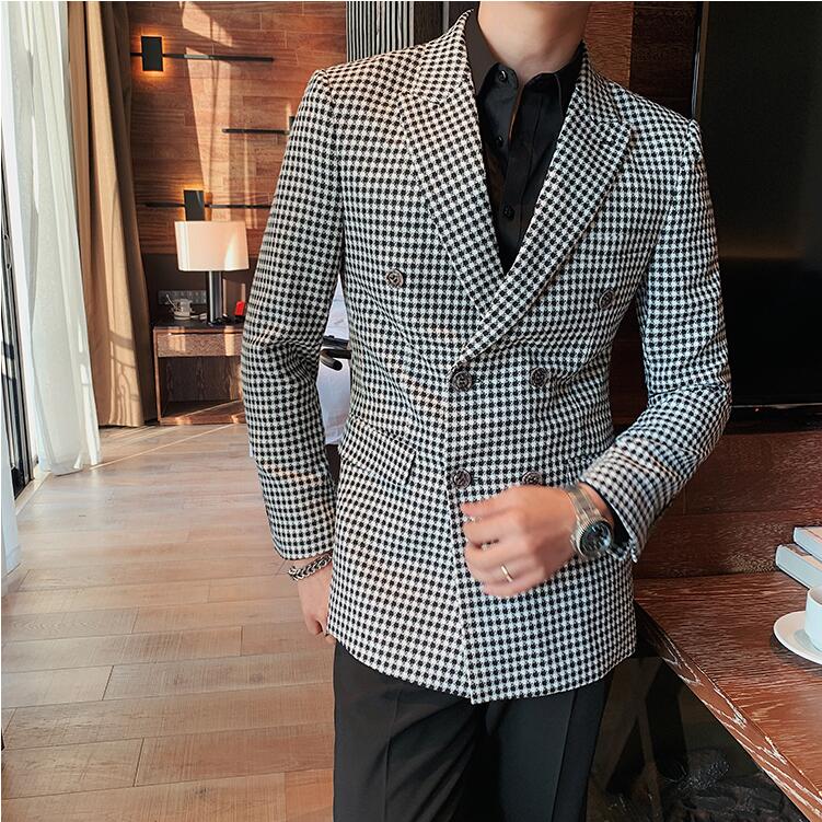 British Style Mens Slim Fit Houndstooth Blazer Men 2022 Simple Double Breasted Business Office Wedding Dress Suit Jacket: Gray / Asia 3XL 74 - 82KG
