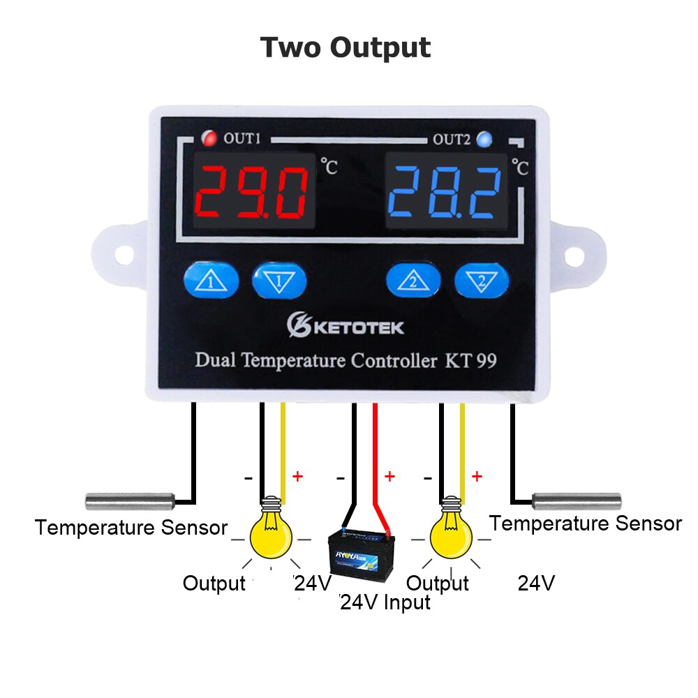 Digital Thermostat Regulator KT99 AC 220V 12V 24V 10A Direct Output Microcomputer Temperature Controller Switch NTC/K Sensor: 24V two output