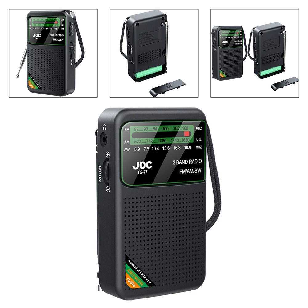 Radio portátil de banda completa, Radio recargable de mano de 3W y 1000mAh con recepción Superior, Mini Radio negra para personas mayores