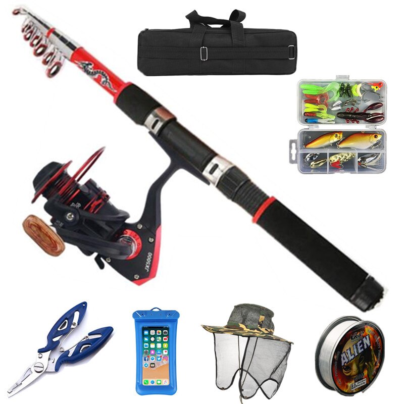 Rod Reel Set Fishing Rod and Reel Combo Full Kit Line Lures Hooks Hat Plier Phone Case Carrier Bag