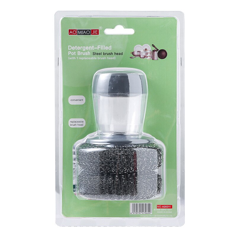 Kitchen Soap Dispensing Palm Brush Washing Liquid Dish Brush Soap Pot Utensils with Dispenser Cleaning bathroom cleaning tools: Steel Wire
