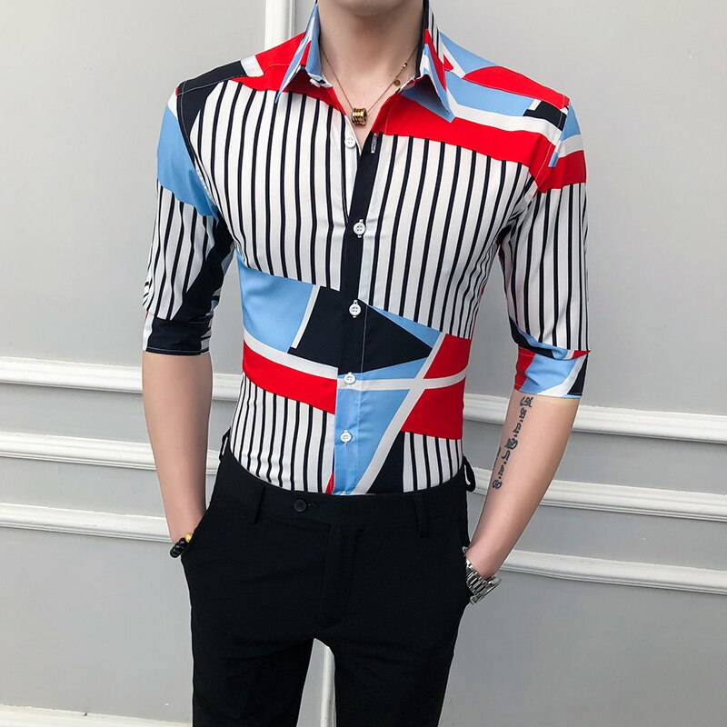 Forår sommer halværmet skjorte herre streetwear all match slim fit herre stribede skjorter club casual bluse herre 3xl: Rød / Asiatiske 3xl 75-80kg