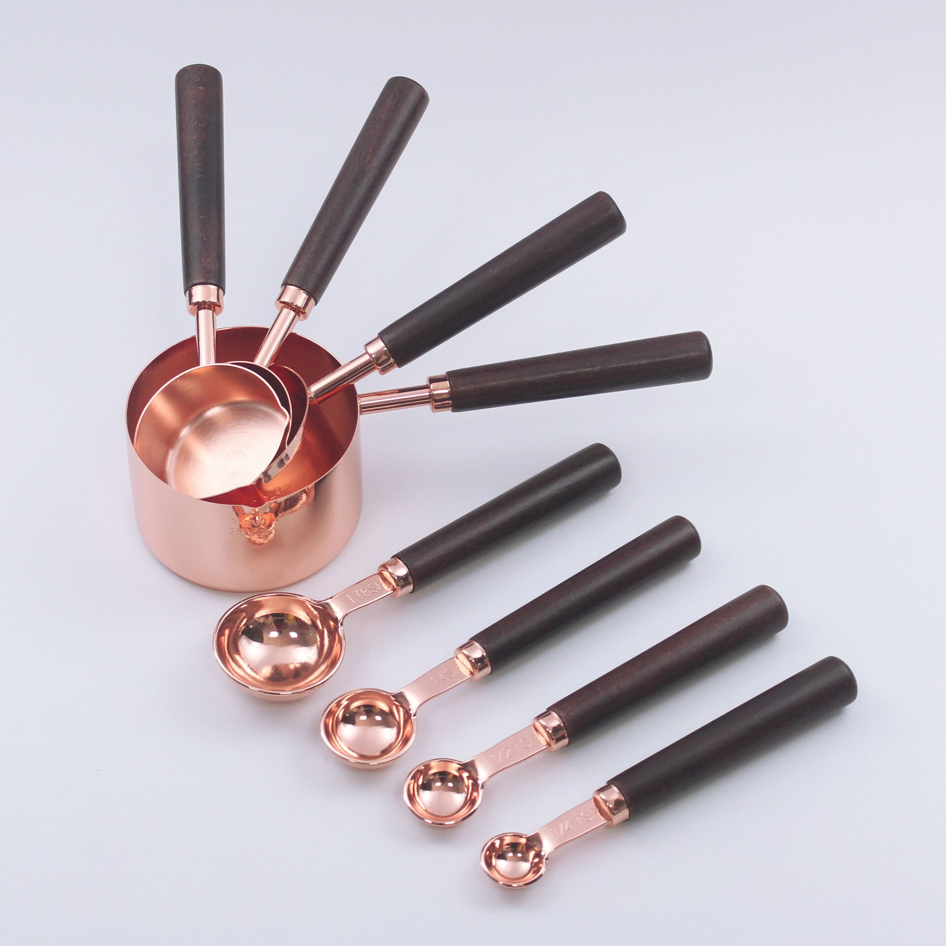Rose Gold Stainless Steel Coffee Measuring Cup Measuring Spoon Set Utensils Scale Spoon Baking Wooden Handle Measuring Cup: Beech with spout 8pc