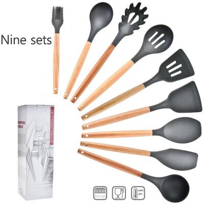 Kitchen Utensils Cooking utensils Wood Handle Silica Gel Kitchenware 11 Piece Set 9 Piece Set Kitchen Tool Scoop Set: Black-13