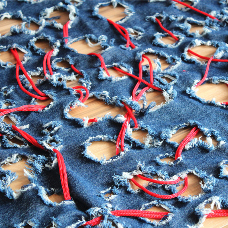 Blauw gat 3d wassen denim katoenen stof dubbelzijdig uitgehold diy jeans jas jas broek jurk stof 50*140cm