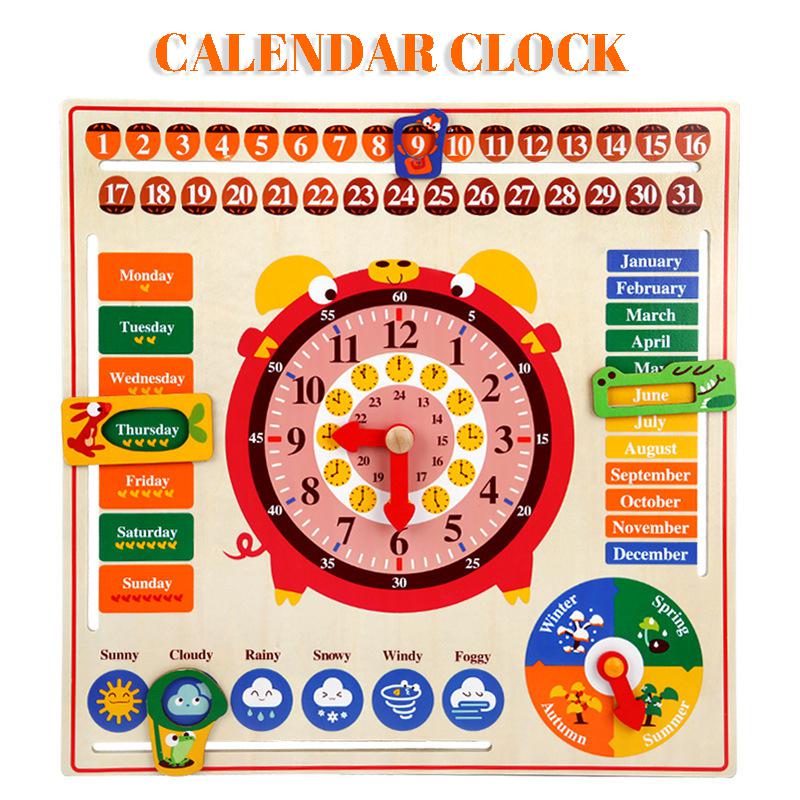 Wooden Multifunctional Calendar Clock Children&#39;s English Early Childhood Education Puzzle Hanging Board