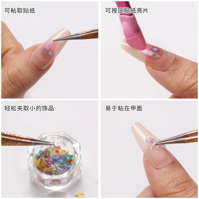 Pinzas para decoración de uñas de doble punta, con cabezal de presión de silicona, pegatina de diamantes de imitación, herramienta de selección, pinzas para pestañas de acero inoxidable, 1 ud.