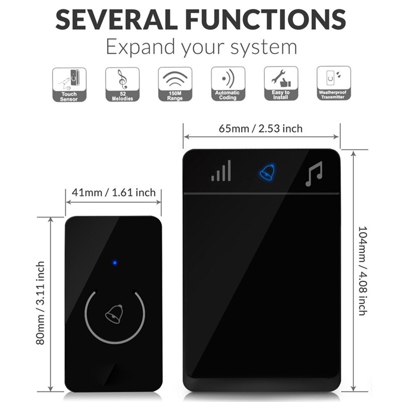 Wireless Touch Screen Music Doorbell Portable IP44 Waterproof Doorbell 52 Melody Chime 150M Range Home Security Door Bell Chime