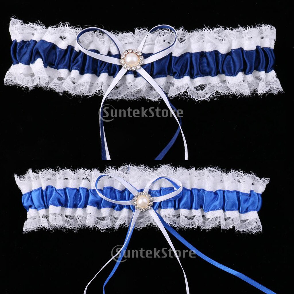 Frauen Blau &Ampere; Weiß Spitze Strumpfband Bein Strumpfband Hochzeit Braut Strumpfband mit Satin- Bogen Süße Zubehör für Hochzeit
