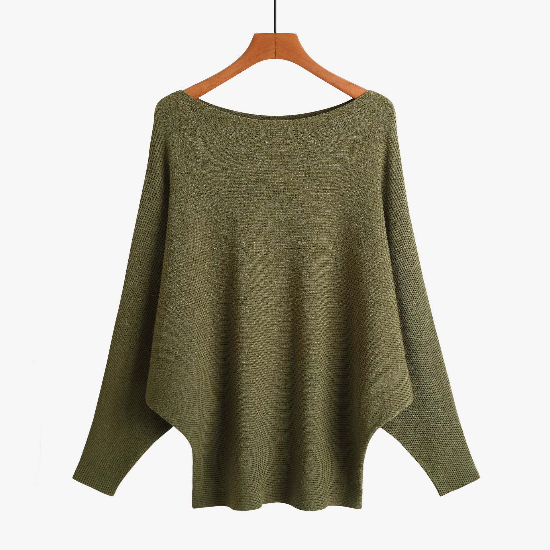 18 kvinder flagermusærmer vinter efterår strikvarer løs fint garn pullover strik strikket skrå hals blød sweater: Militærgrøn