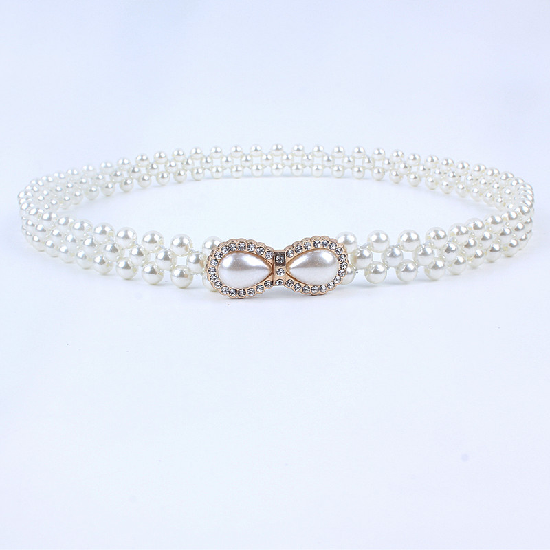 Correa de cadena fina con sello de elasticidad elástica de la cintura blanca para mujer, diamantes de imitación y perlas para decoración de falda, fajas de ,