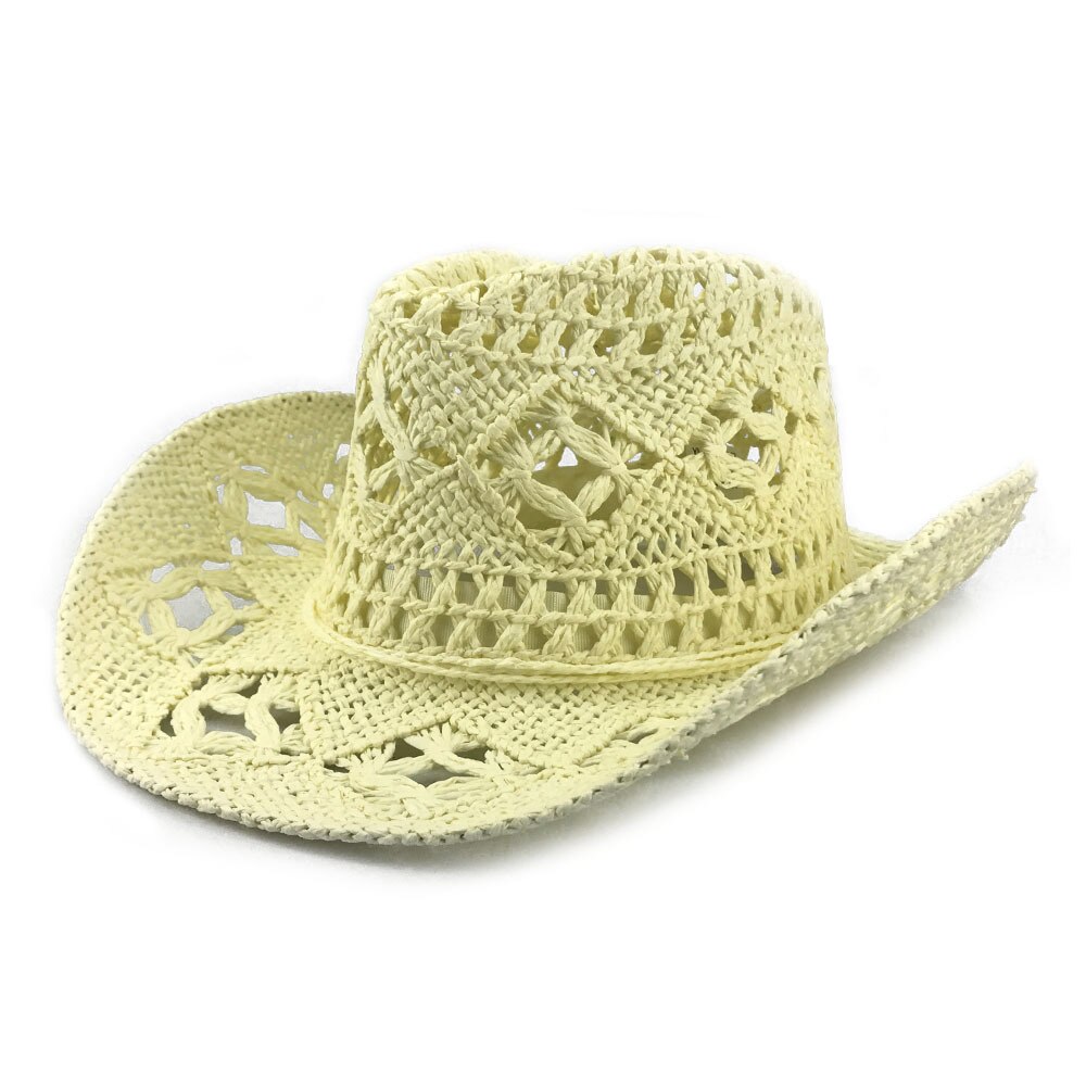 Summer Western Cowboy Straw Hollow Hat Hand Made Beach Felt Sunhats Party Cap Casual Panama Cowgirl Jazz Sun Hat: Beige