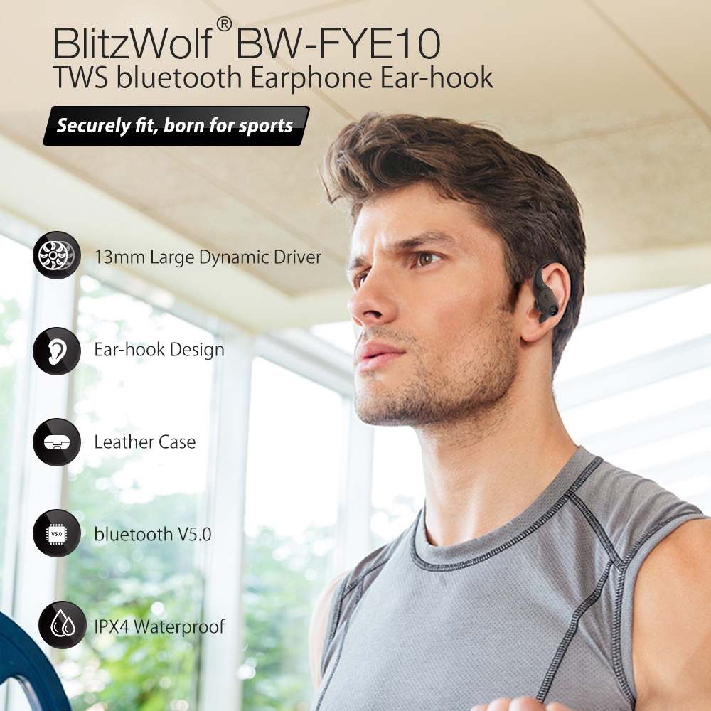 BlitzWolf BW-FYE10 TWS Oordopjes bluetooth 5.0 Oortelefoon Draadloze oortelefoon 13 mm Grote dynamische driver Bas Stereo Hifi MusicTure Draadloze oordopjes Sport Oorhaak IPX4 Waterdichte 500 mAh oplaaddoos