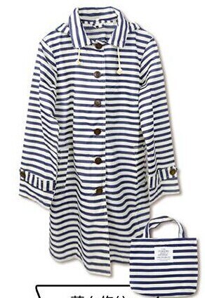 Good 100% waterproof foldable long polyester pvc rain coat raincoat hooded women clothing: NAVY STRIPE