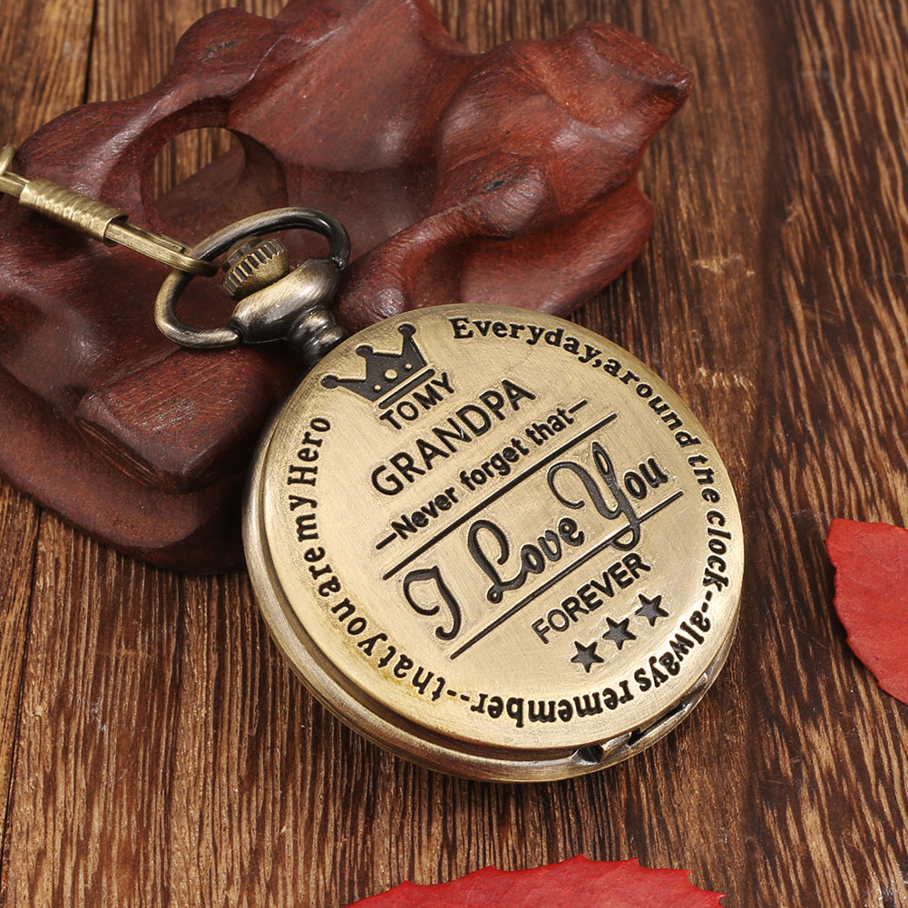 Vintage Bronze Pocket Watch Roman Numeral White Surface Thick Chain TO MY GRANDPA Nostalgic Pendant Watches Unique