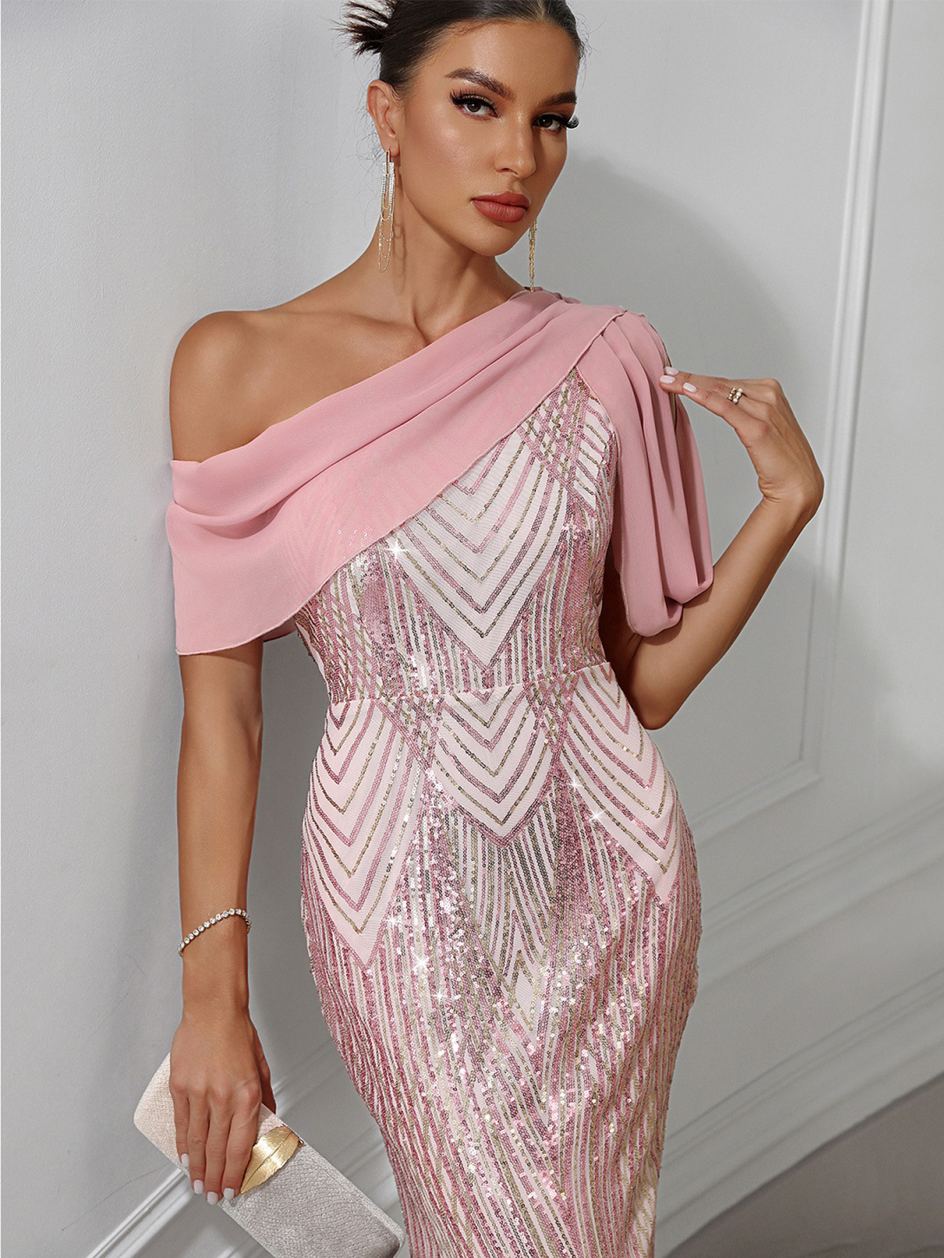 sexy ryggløs suquin maxi sommerkjole kvinner rosa chiffong bryllupsfest lange kjoler kvinne ball aftenkjoler vestidos