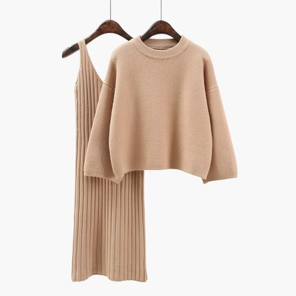 Losse Trui pak Vrouwen Mode tweedelige Jurk Effen kleur Trui Gebreide Jurk Ronde hals Mid lange Vrouwelijke Knit jurk DD856: Khaki