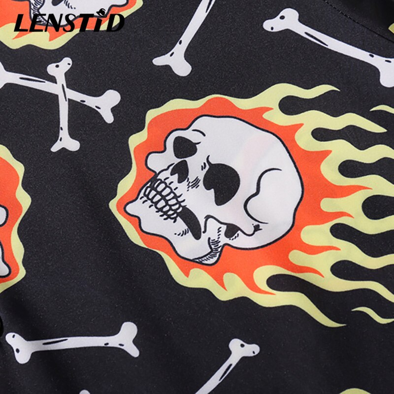 LENSTID Hip Hop Fire Skull Chain Print Shirt Streetwear Harajuku Men Hawaiian Beach Shirt HipHop Summer Short Sleeve Shirts