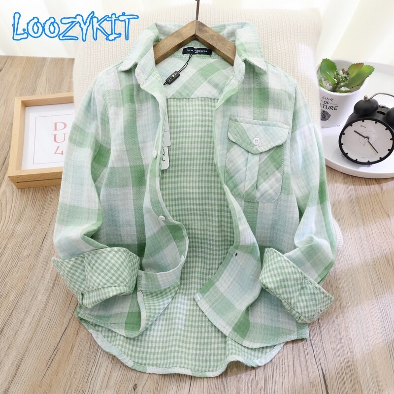 Chemise à carreaux en coton pour enfants, manches longues, pour garçons et filles,: Green / 140cm