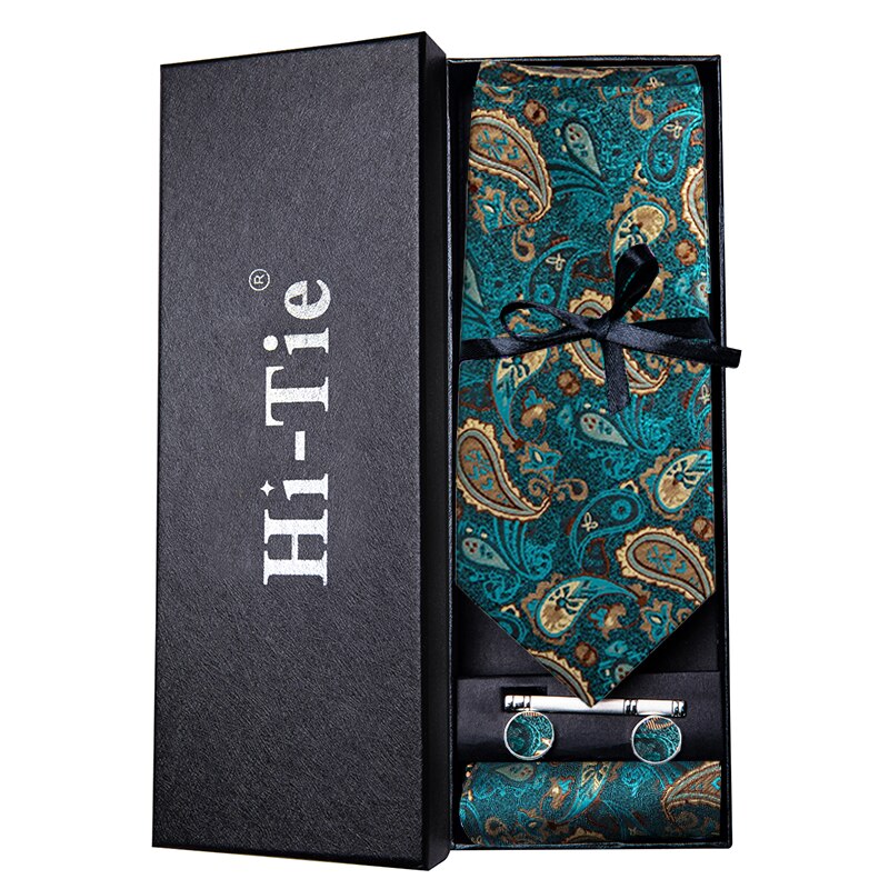 Hi-tie lyxbox klassisk paisley mörkgrön slips mild herrslips handy manschettknappar set slips för män bröllop: Cz -013- hb -01