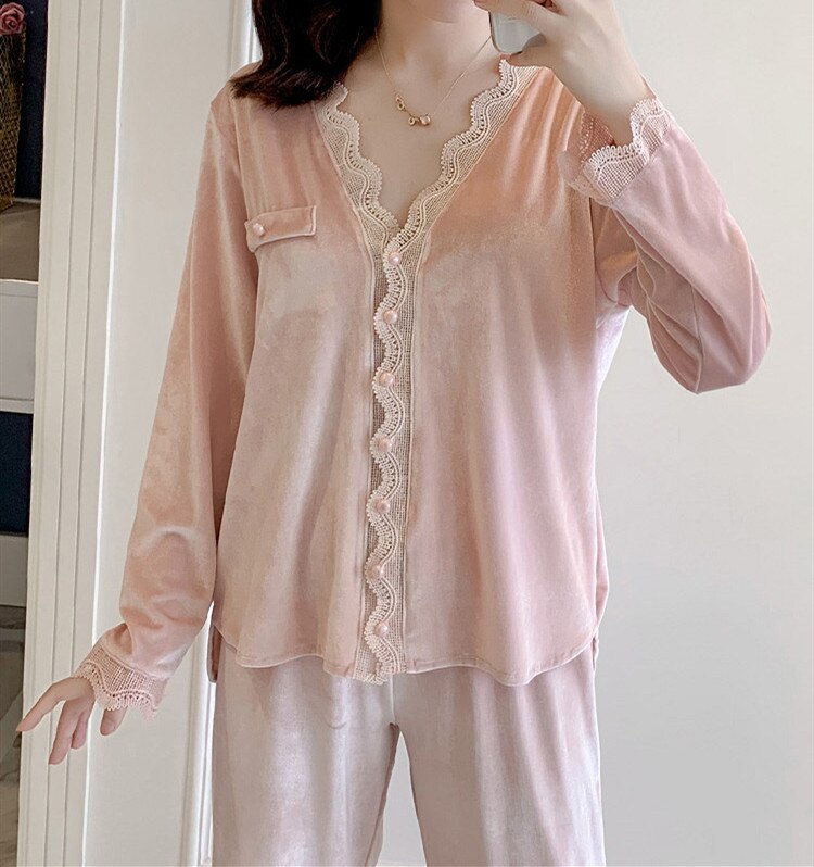 Herfst Goud Fluwelen Pyjama Sets Vrouwen Thuis Draag Casual Lange Mouw Nachtkleding Pak Sexy Lente Nachtkleding Lounge Broek T798