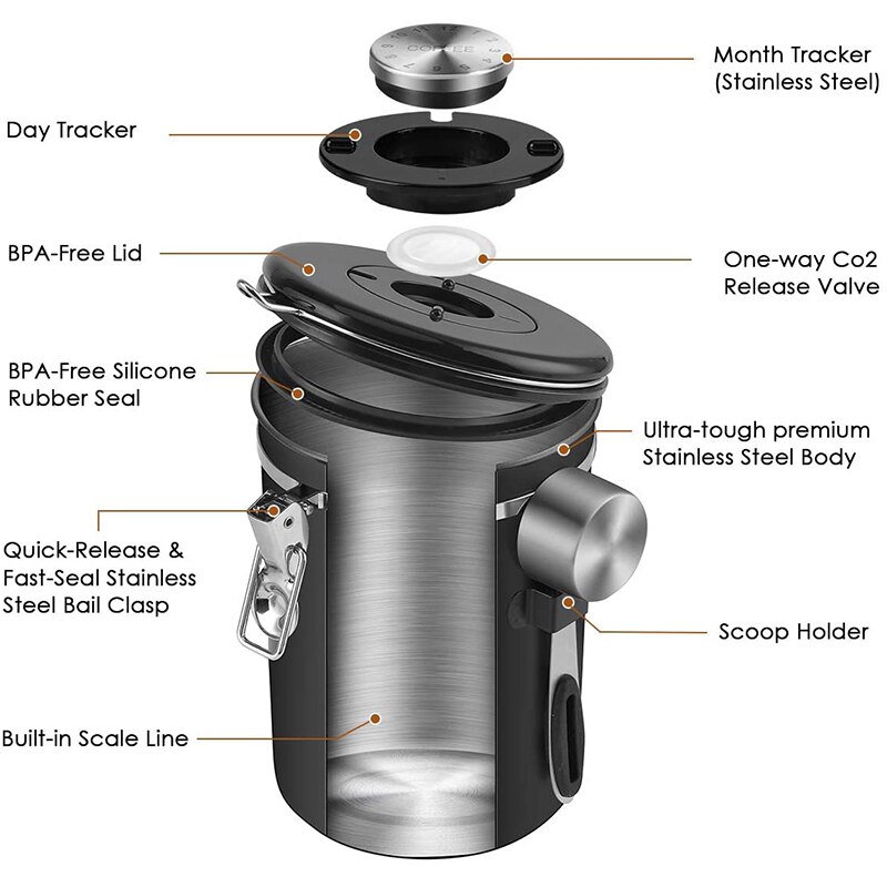 Coffee Canister,Stainless Steel Airtight Coffee Bean Storage Container with Scoop, Large Capacity,Date Tracker