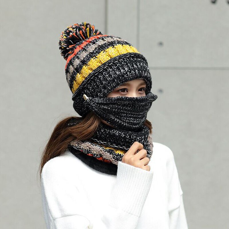 Neue Winter Plus samt gestrickte Hütte, schal, maske, drei-stück anzug, reiten winddicht gesicht und ohr schutz dicken woll Hütte: Schwarz