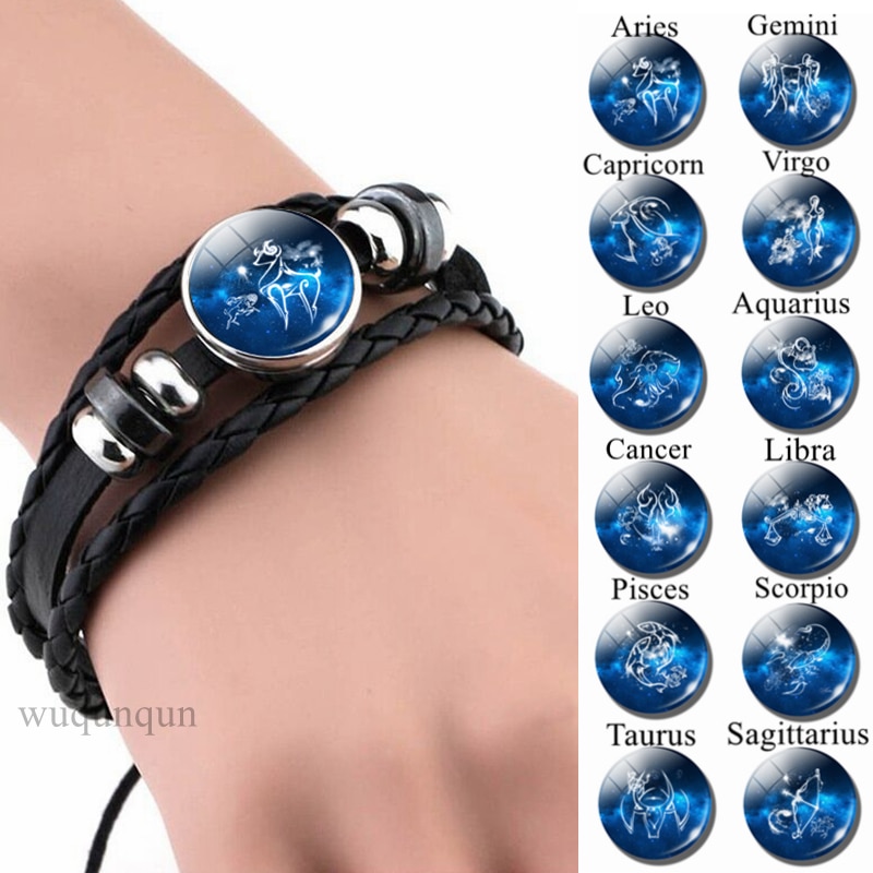 12 Constellations Black Bracelet Glass Cabochon Jewelry Leather Zodiac Sign Bracelets Men Punk Birthday