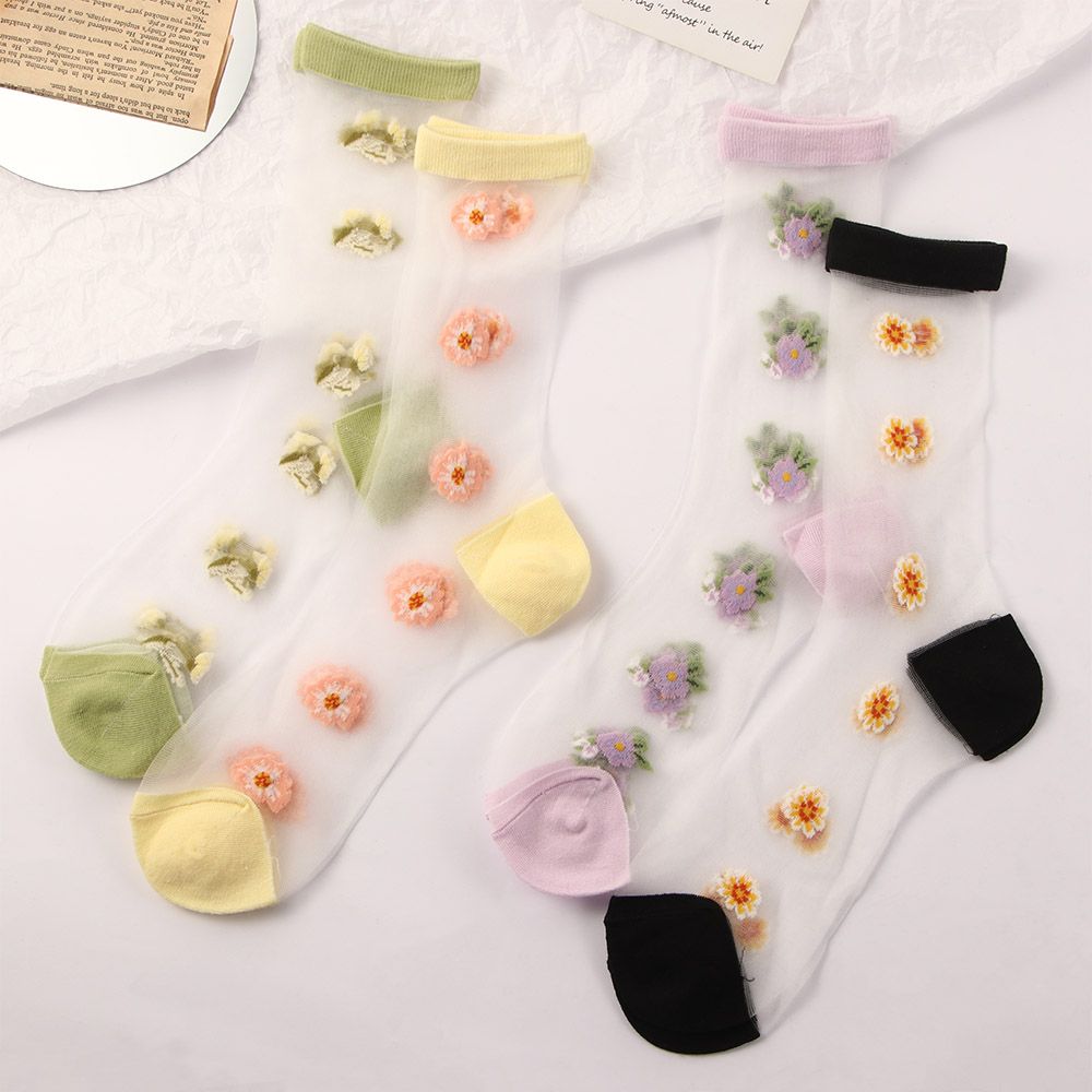 Ventilerande bomull sommar söt söt blomma strumpor nylon genomskinliga strumpor glas siden strumpor