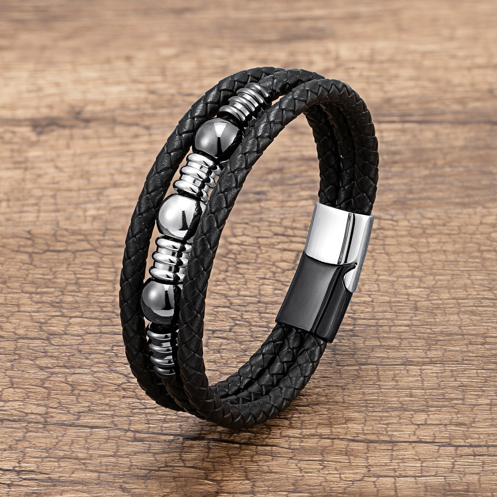 Hot Trend ręcznie tkane bransoletki ze skóry mężczyzn klasyczny Design koralik ze stali nierdzewnej bransoletka dla mężczyzn biżuteria prezent: White-Black Metal / 21cm