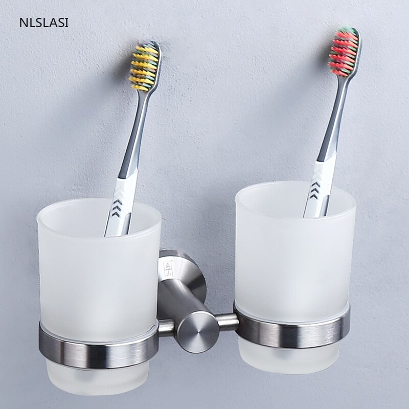 Stainless Steel Toothbrush Tooth Cup Holder with Mouth Cup Wall Mounted Bath Two Cups Rack Bathroom Accessories Storage Rack